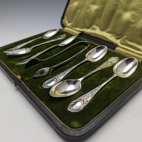 6 English antique silver plated teaspoon & tongs set in case